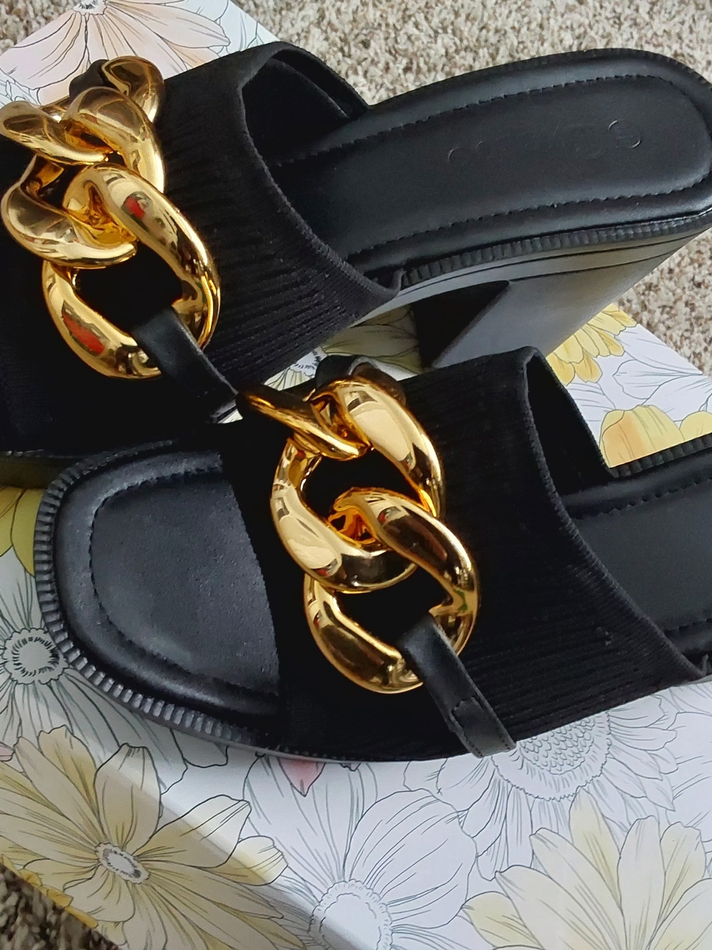 Black Slide Sandals with Gold Chain Accent - Women